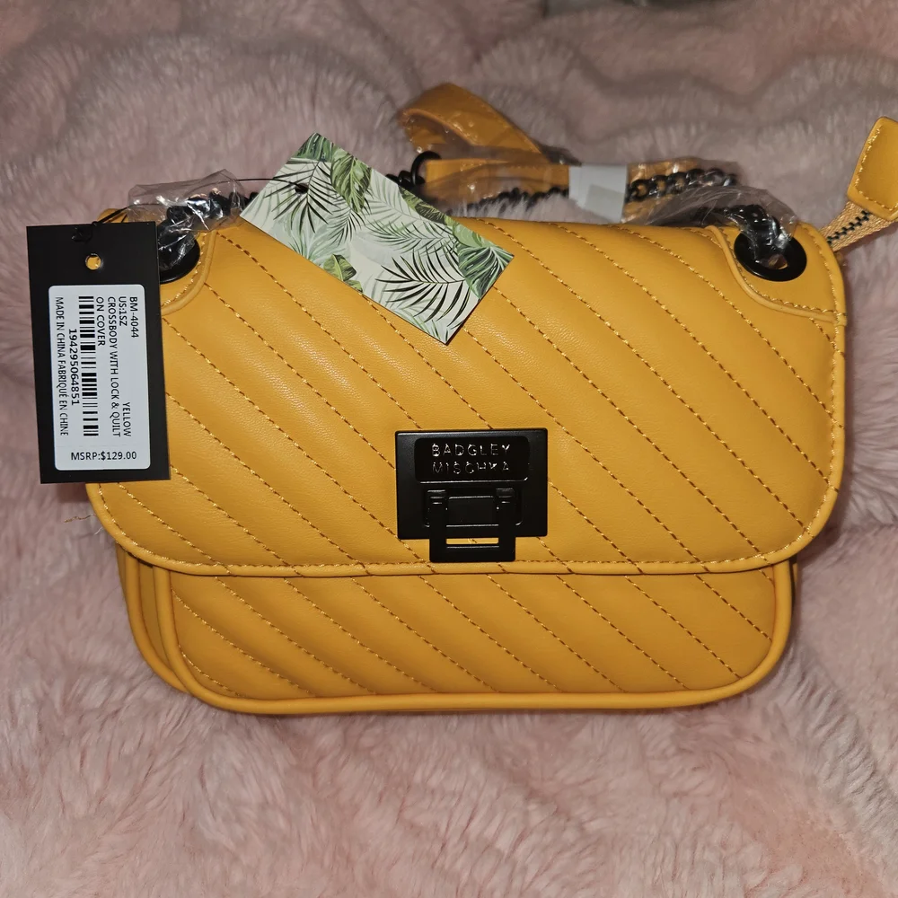 Badgley Mischka Crossbody Quilted Handbag Mustard Yellow Black Hardware NEW